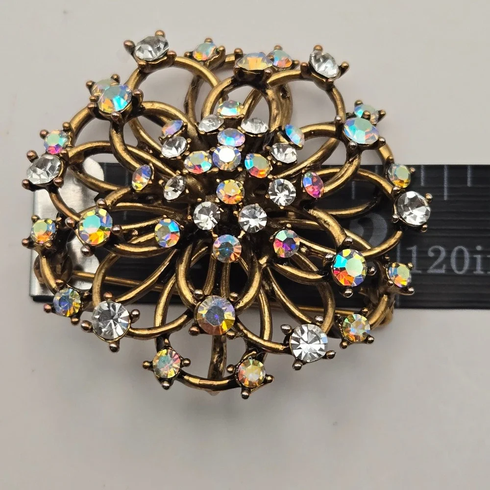 Vintage 60s Unbranded Brooch Gold Tone Aurora Borealis Rhinestone Floral Sunburs